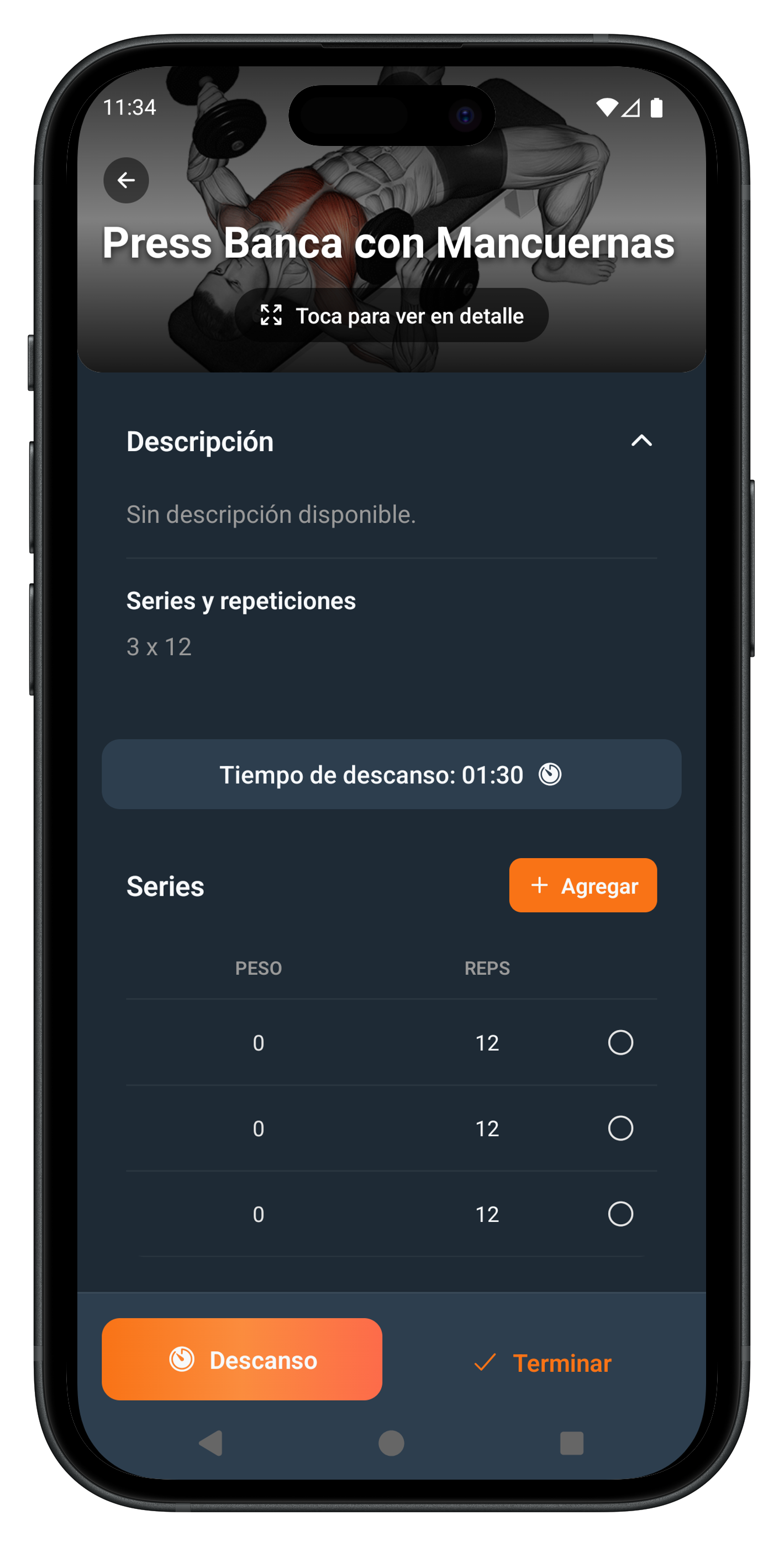 Treino App - Vista de ejercicio en sesión